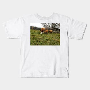 Scottish Highland Cattle Calves and Cat 1838 Kids T-Shirt